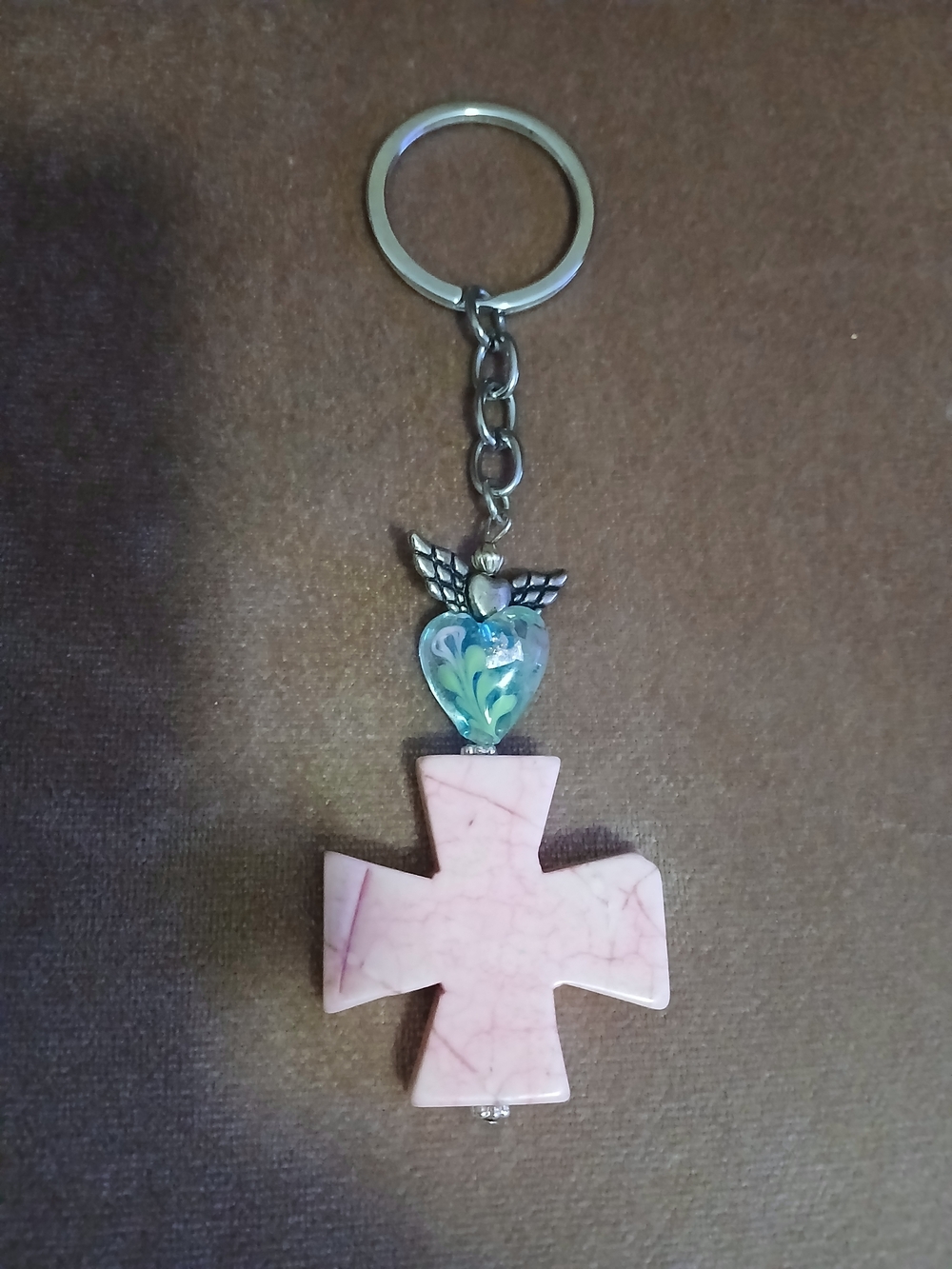 Pink Cross Stone Keychain with Decorative Heart Accent